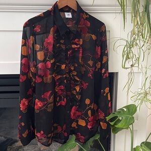 CAbi Black Sheer Blouse with Red and Orange Floral Pattern
Excellent condition